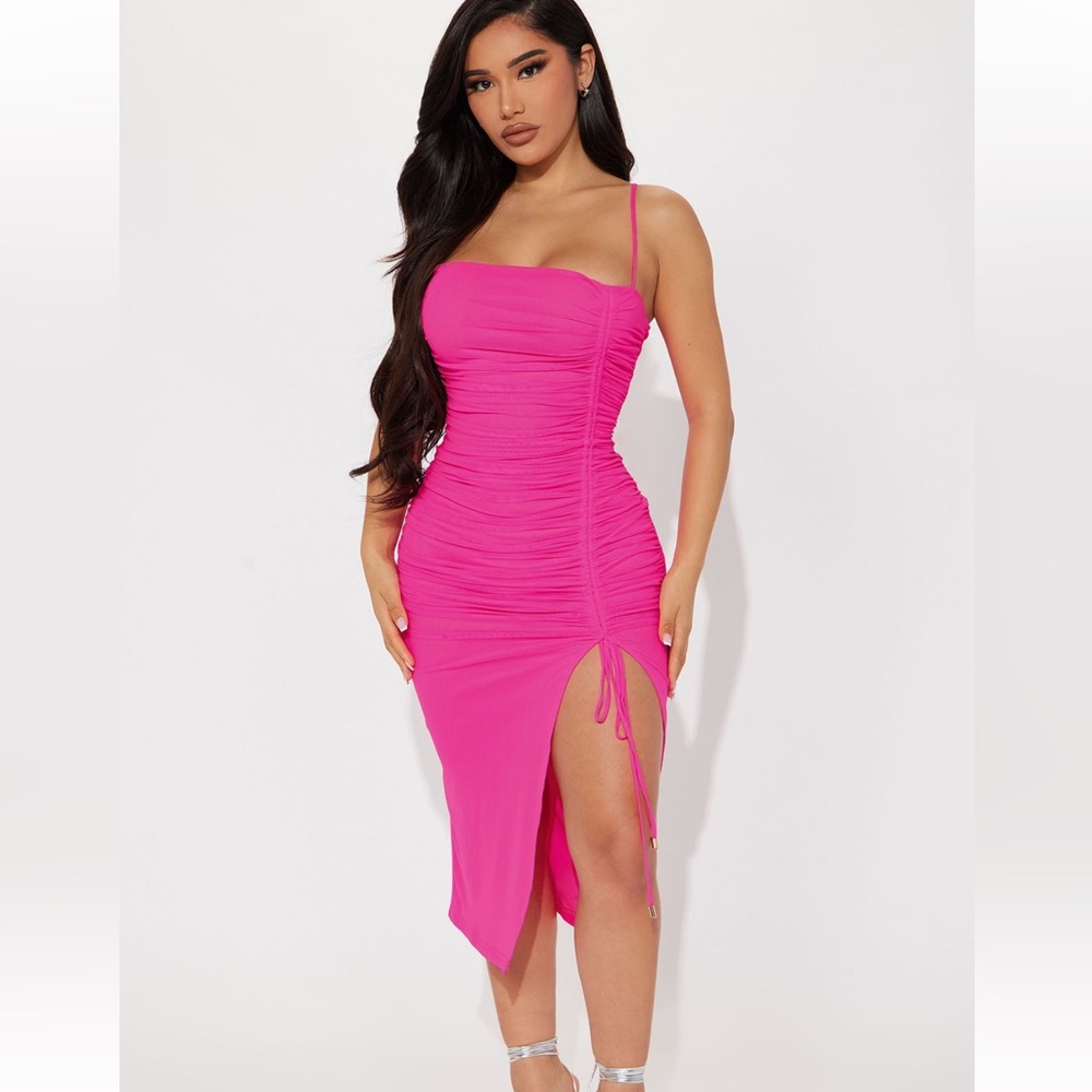 Elle Mesh Midi Dress - Neon Pink